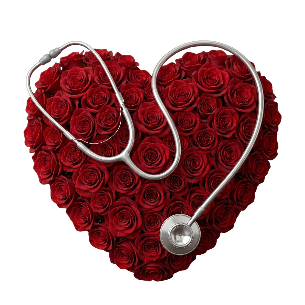 A heart shape made of red roses with a stethoscope placed over it.