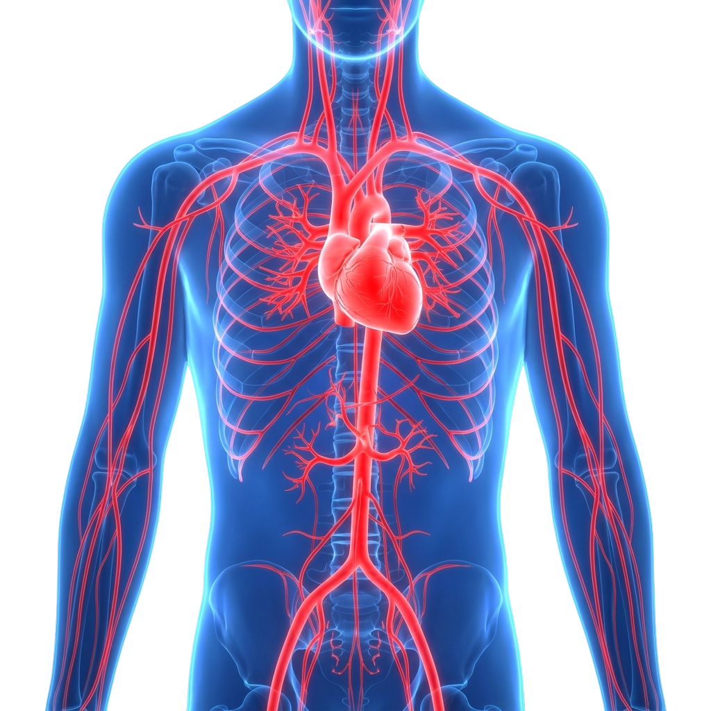 Illustration of the human circulatory system highlighting the heart and blood vessels in red against a translucent blue body.