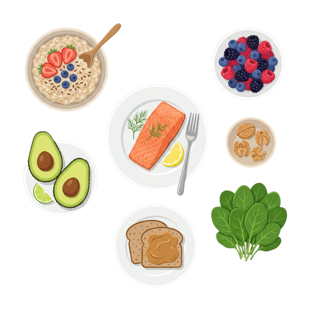 Illustration of a plate with salmon, avocado, toast, oatmeal with berries, mixed berries, nuts, and leafy greens