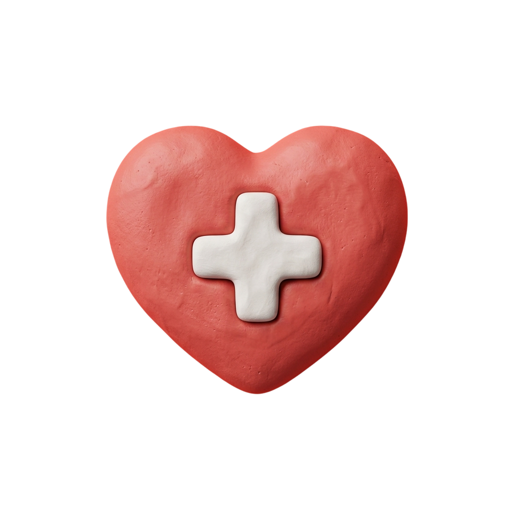 A red heart shape with a white medical cross symbol in the center resembling a bandage