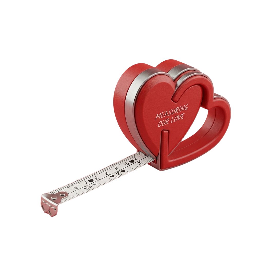 Red heart-shaped tape measure with silver markings and text reading Measuring Our Love