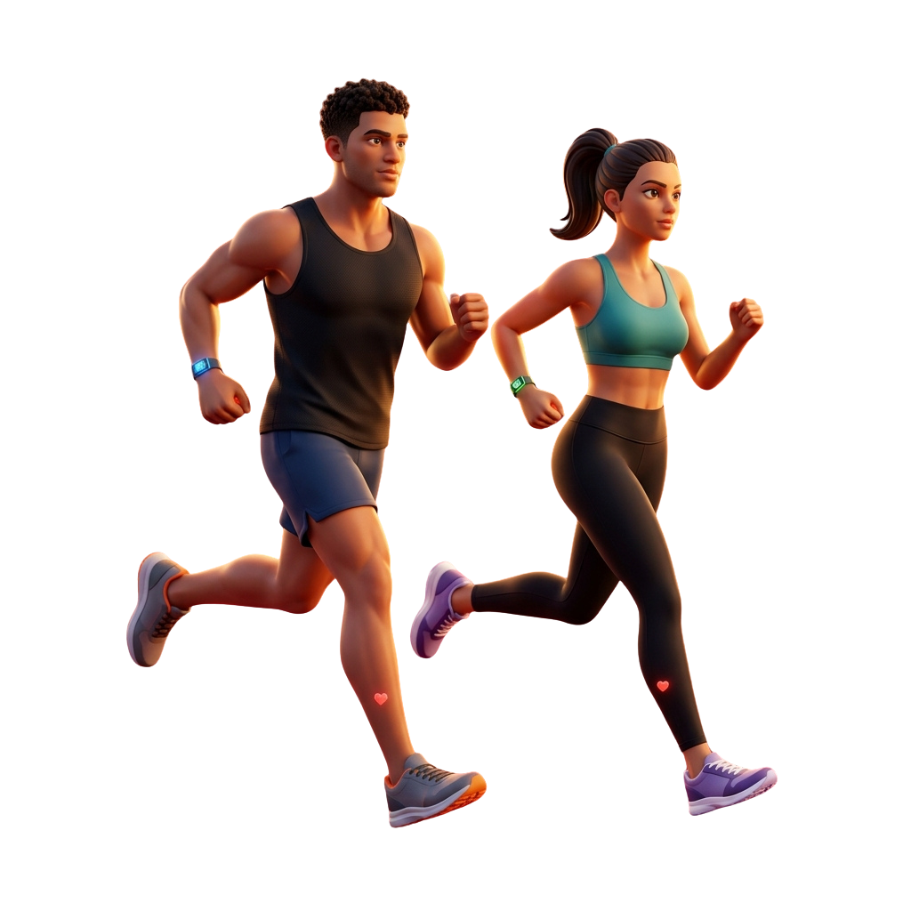 Two people running side by side in athletic wear, smiling and exercising together.