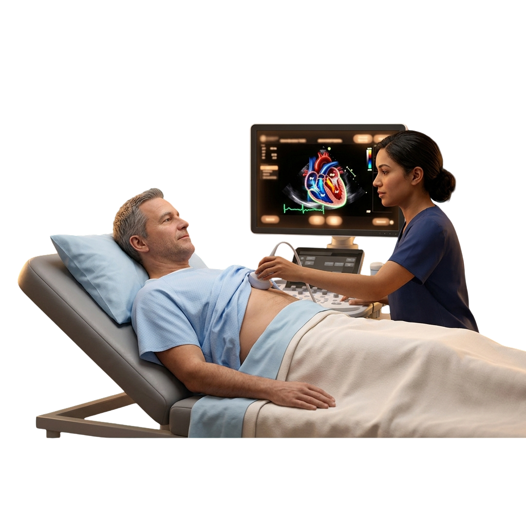 A healthcare professional conducting an echocardiogram on a patient lying down with ultrasound equipment.