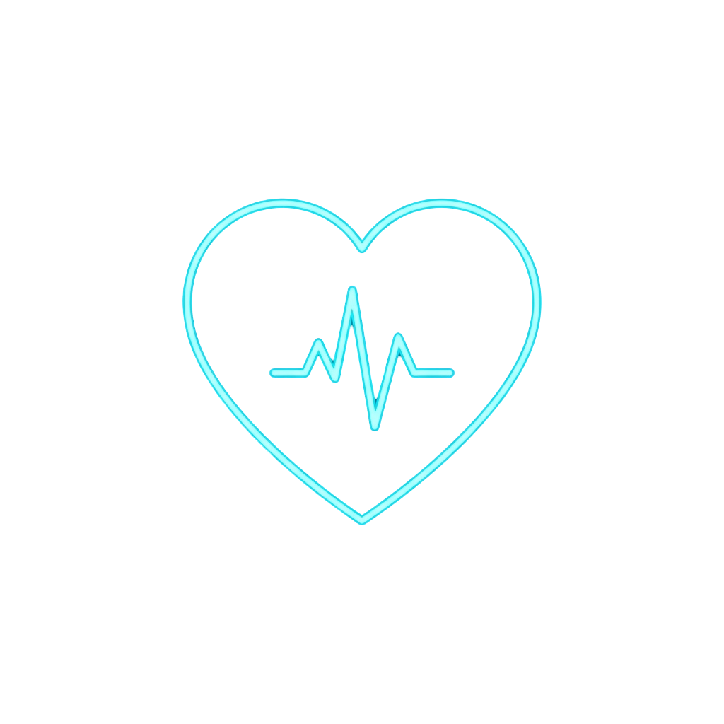A cyan heart shape with a heartbeat line inside on a black background