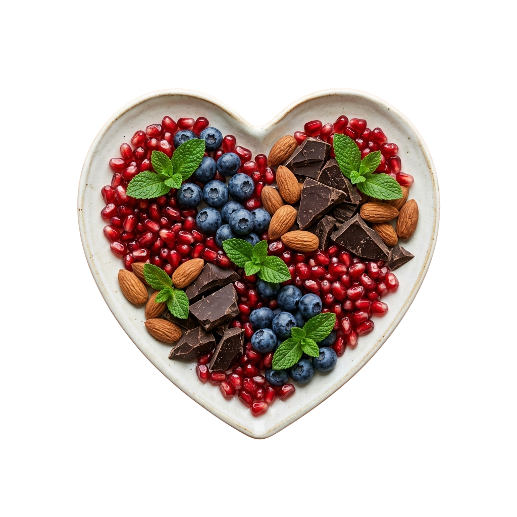 Heart-shaped dish filled with almonds, blueberries, pomegranate seeds, chocolate pieces, and mint leaves