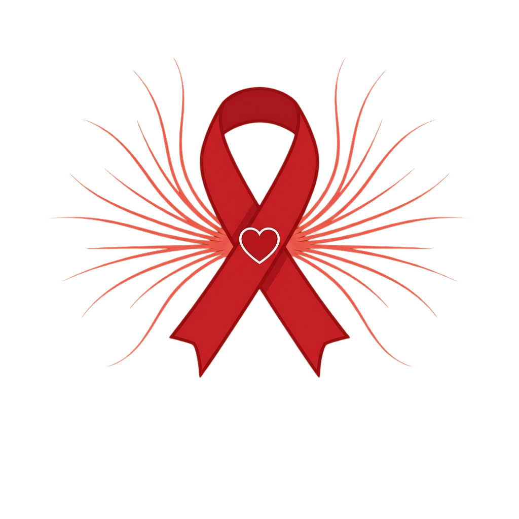 Red ribbon with a white heart symbolizing awareness, surrounded by red firework-like lines