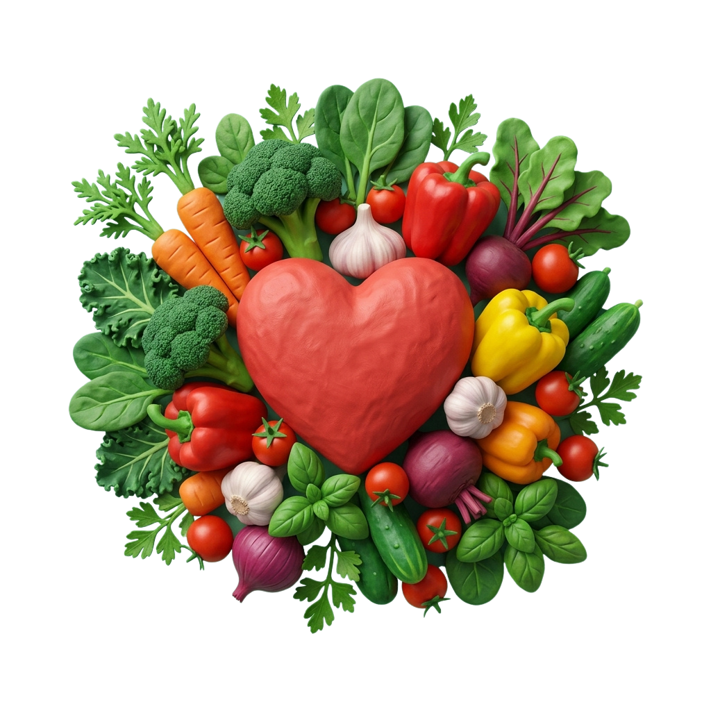 A vibrant heart shape made from a variety of colorful vegetables and greens