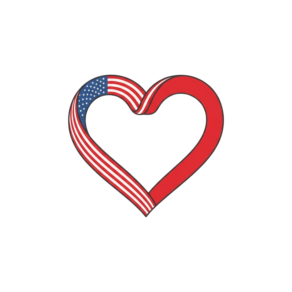 A heart shape composed of red outline and filled with American flag colors and stars