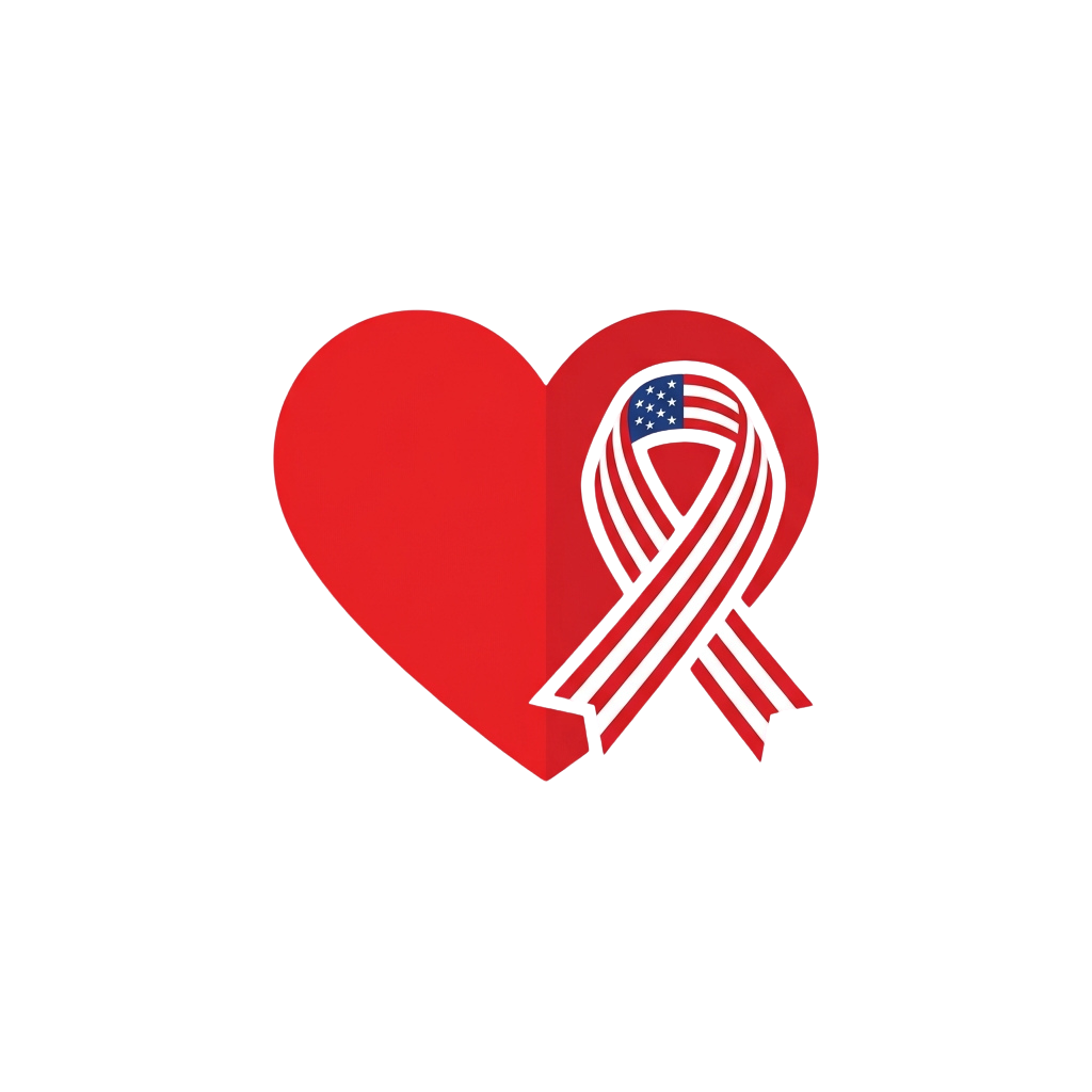 A red heart with a red, white, and blue ribbon featuring an American flag design.