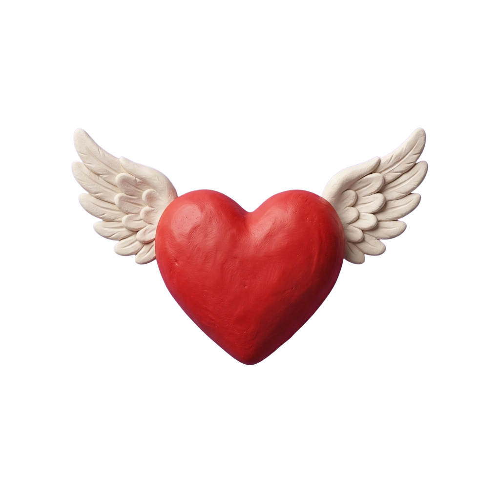A red heart with white angel wings on a black background