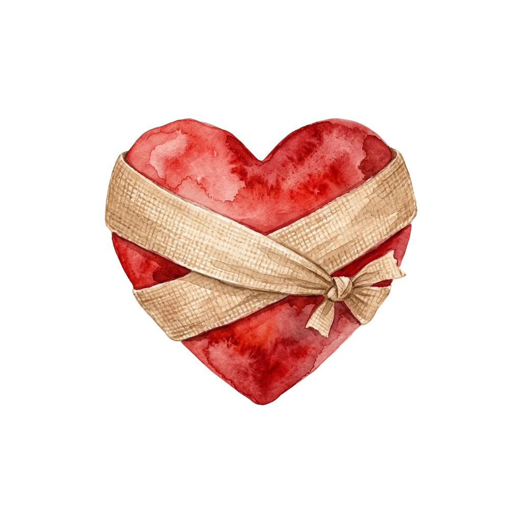 A watercolor heart wrapped with burlap ribbon tied in a bow on a black background