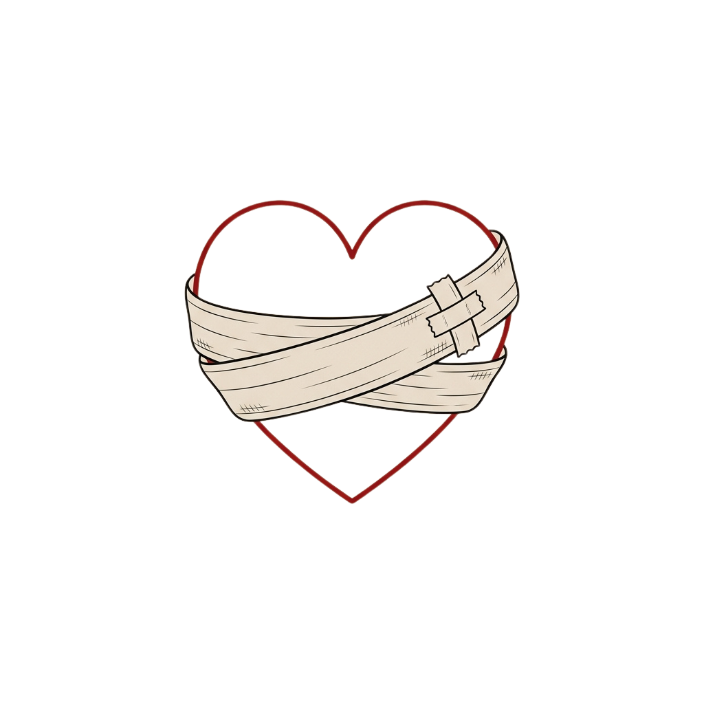 A heart shape wrapped with a white bandage secured by a cross buckle on a black background