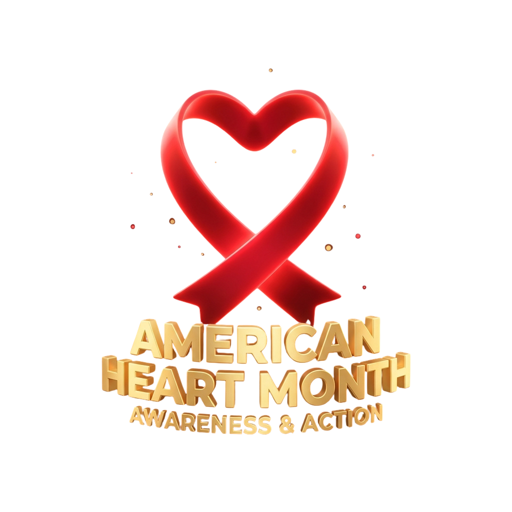 Red heart-shaped awareness ribbon with American Heart Month text and Awareness and Action subtitle