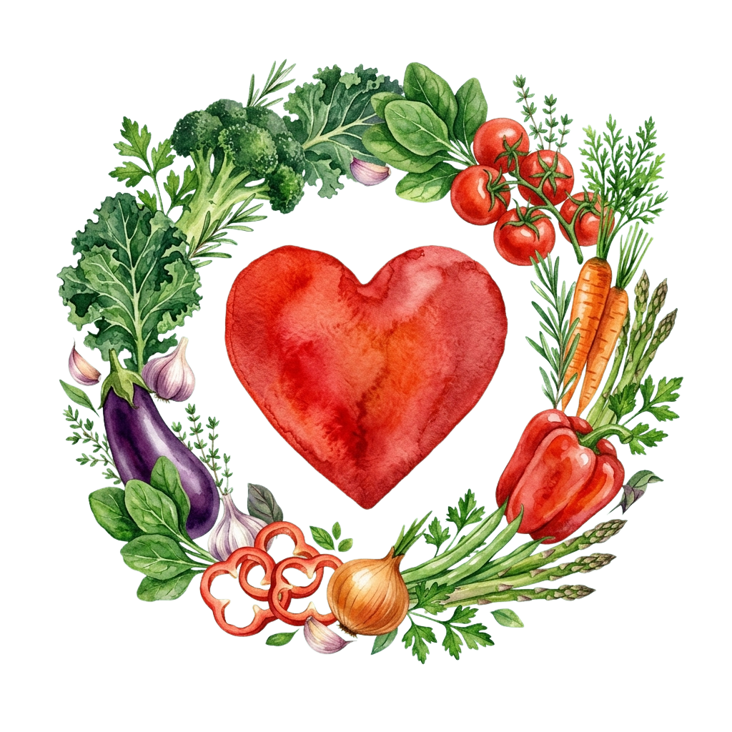 A vibrant heart shape surrounded by an assortment of fresh vegetables including tomatoes, carrots, peppers, garlic, and greens
