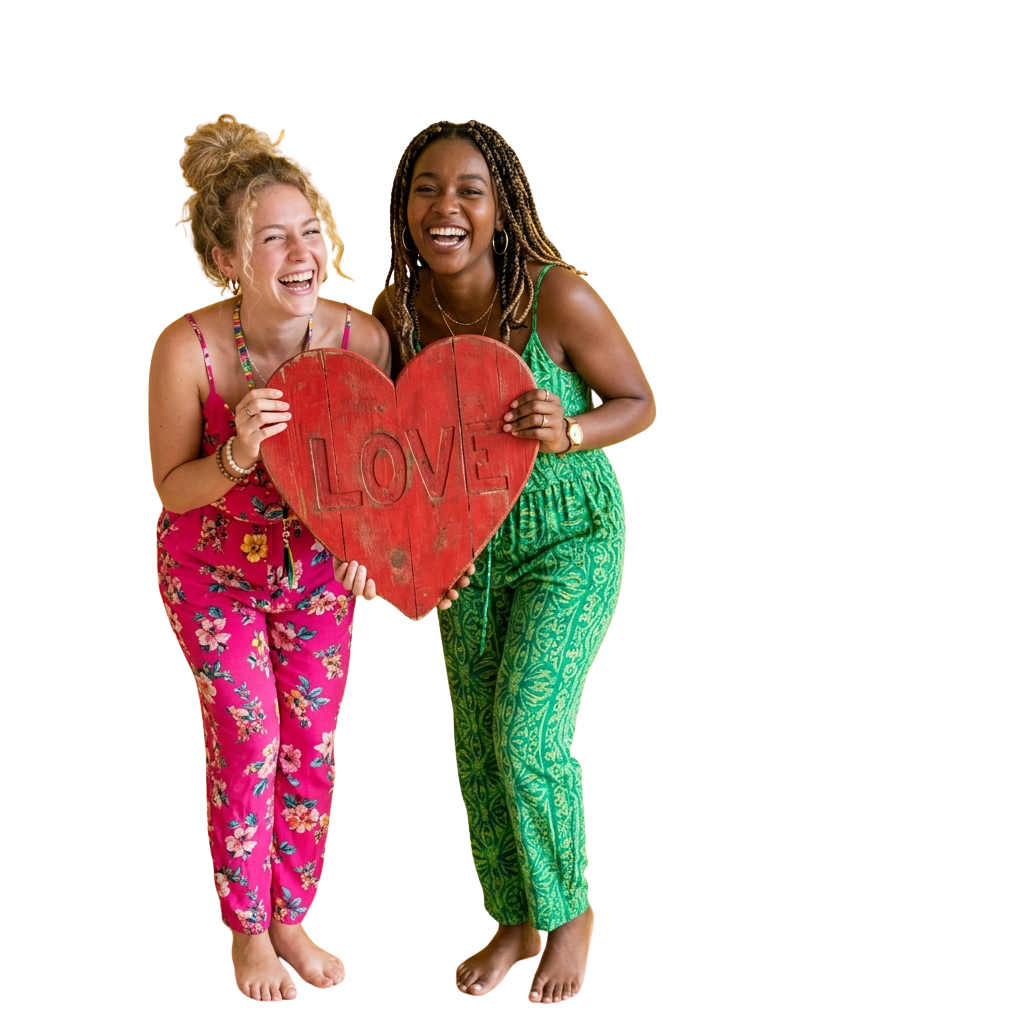 Two smiling individuals holding a red heart sign that says LOVE, standing close together.