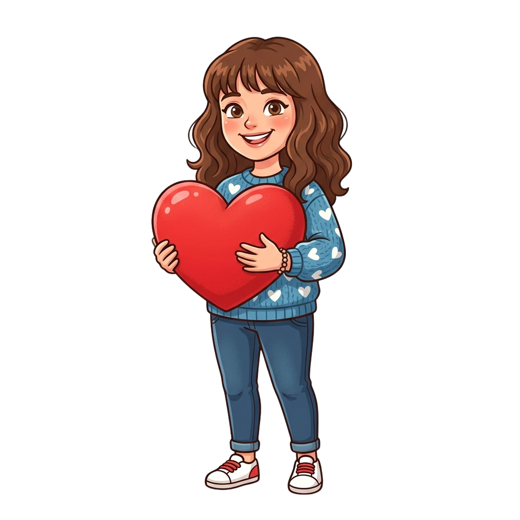 A smiling cartoon girl with brown hair holding a large red heart.