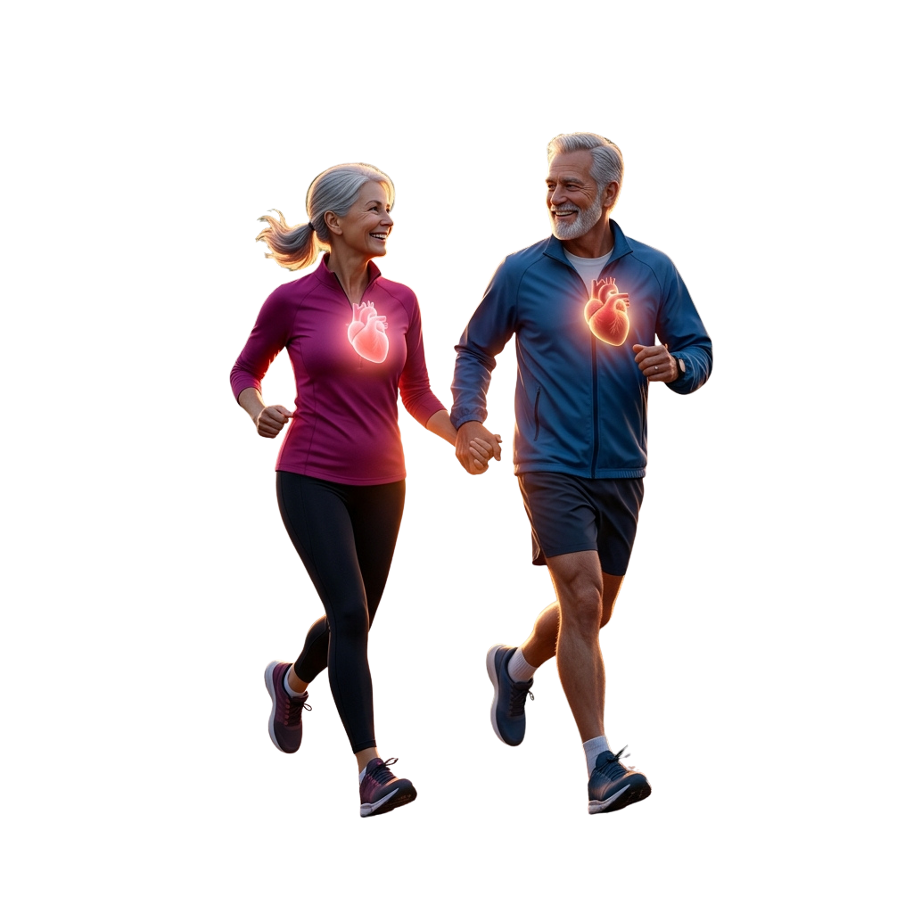 Two people jogging at night holding hands with glowing hearts on their shirts representing heart health.