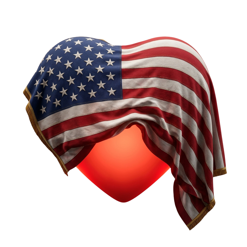 An American flag draped over a red cube against a black background
