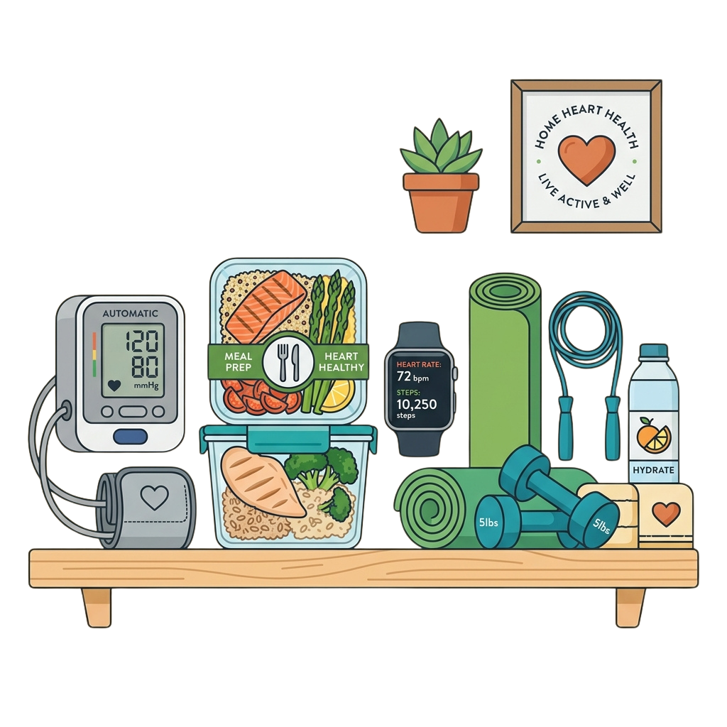 Illustration of heart health tools including blood pressure monitor, meal prep containers, fitness tracker, exercise mat, weights, water bottle, and plant.