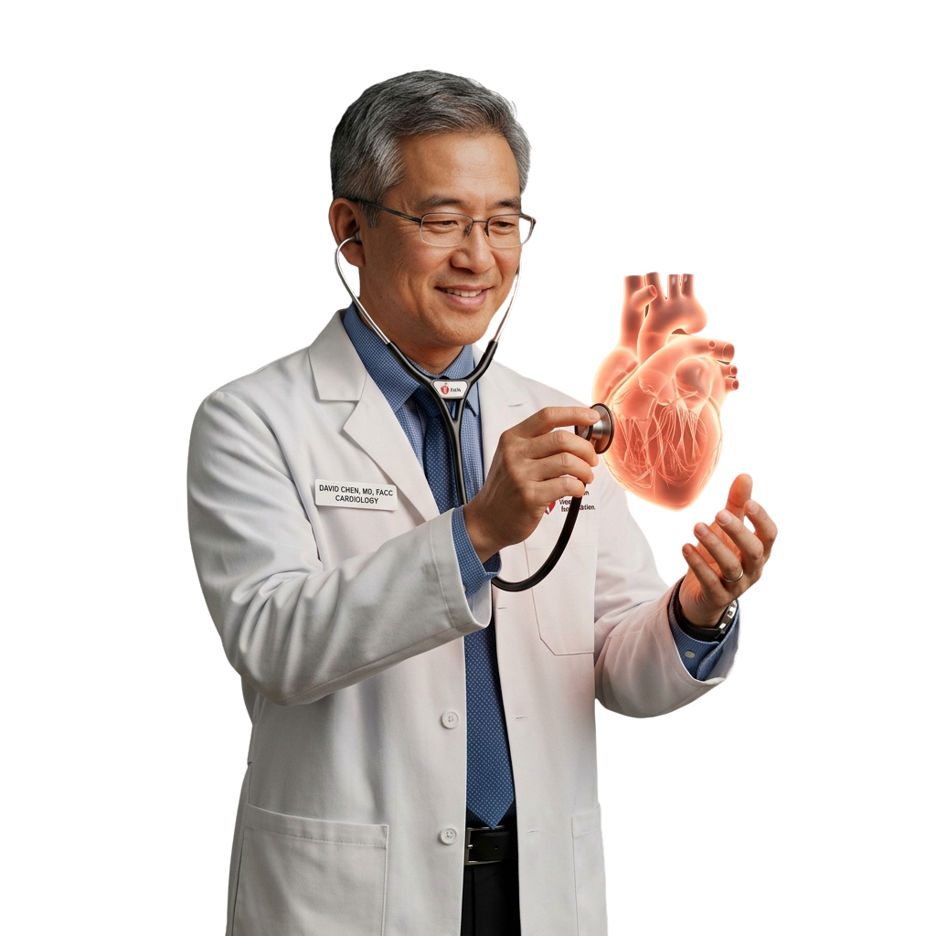 A smiling doctor in a white coat holding a model heart and stethoscope.
