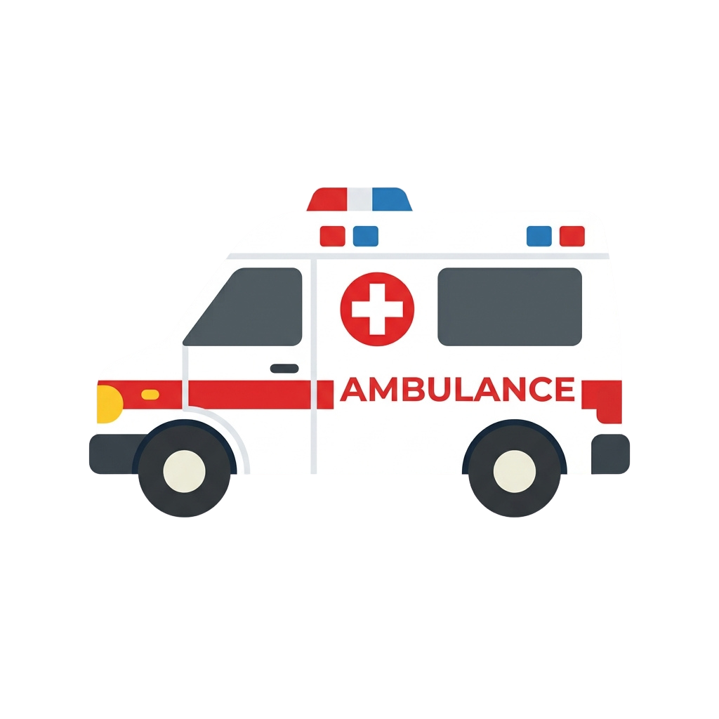 Illustration of a white ambulance with red cross symbol and flashing lights on top