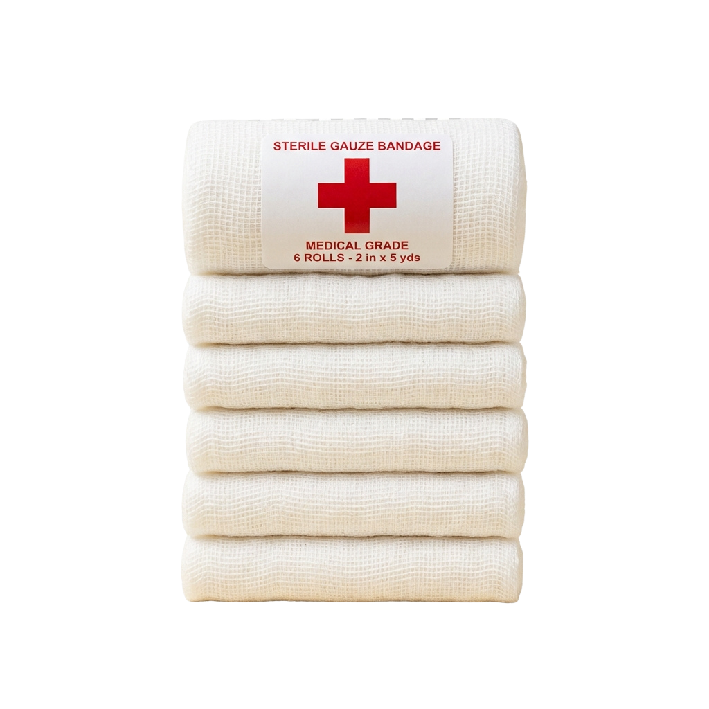 Stack of six rolls of sterile gauze bandage, each labeled medical grade with red cross symbol
