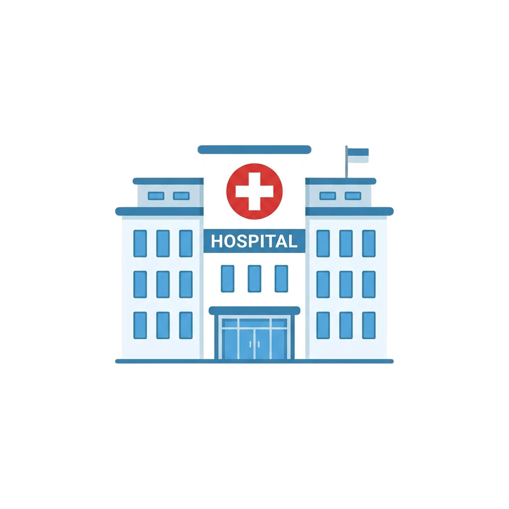 Illustration of a hospital building featuring a red cross symbol on the roof and the word hospital on the facade