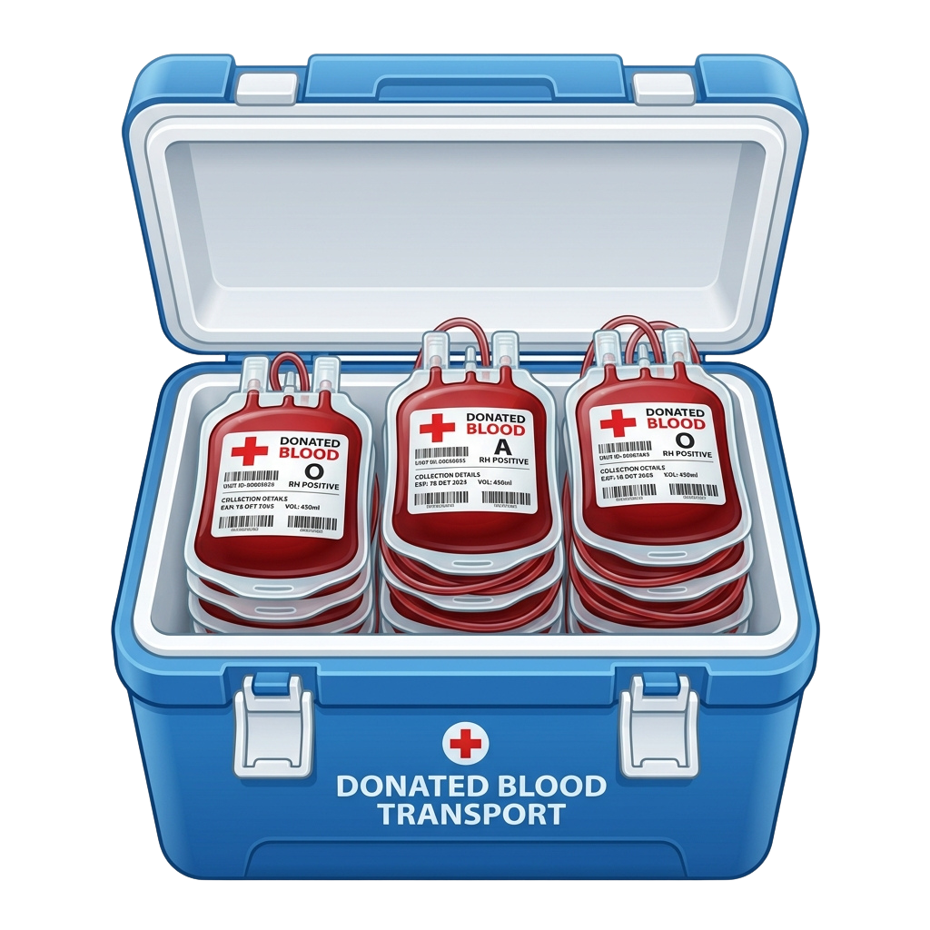 Blue cooler labeled Donated Blood Transport holding three blood bags with red crosses and RH positive labels