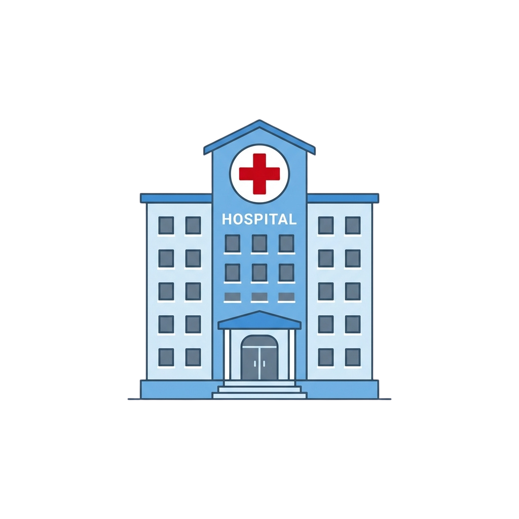 Illustration of a blue hospital building with a red cross symbol on the roof and the word HOSPITAL displayed prominently