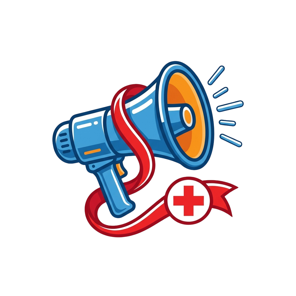 A colorful megaphone with a red ribbon and white cross symbol, emitting sound waves on a black background