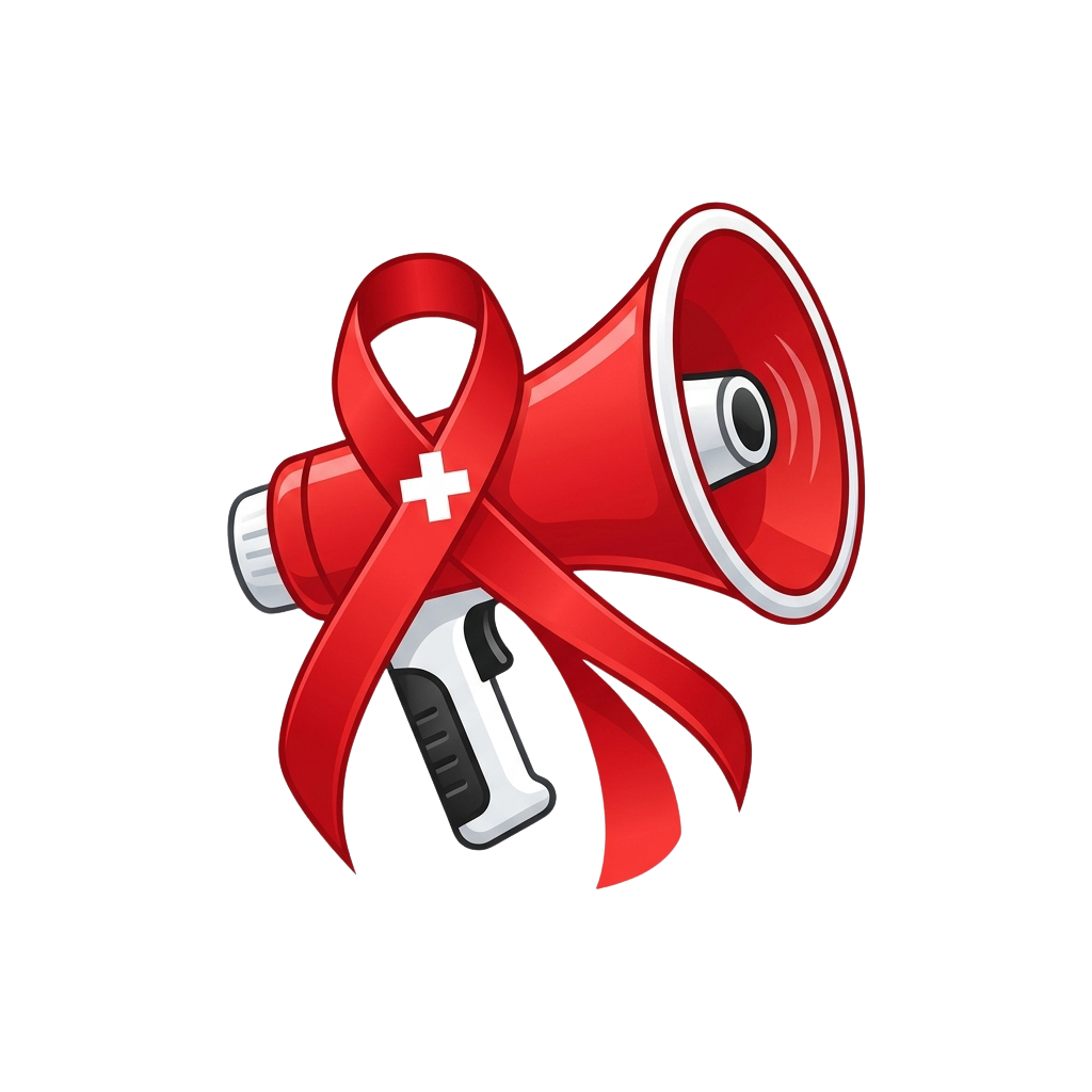 A red ribbon with a white medical cross symbol wrapped around a megaphone and wrench on a black background