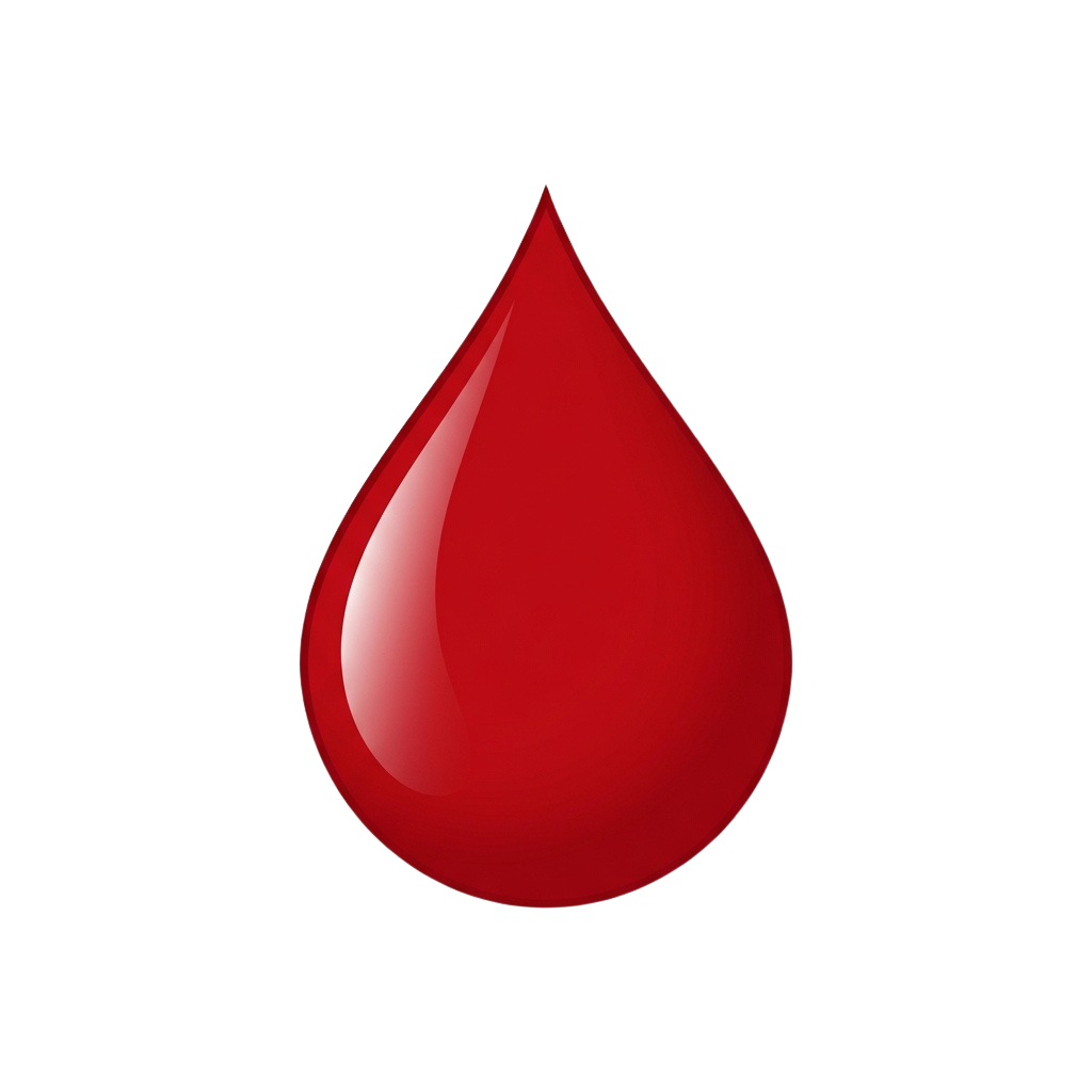 A single red droplet with a glossy, reflective surface against a black background