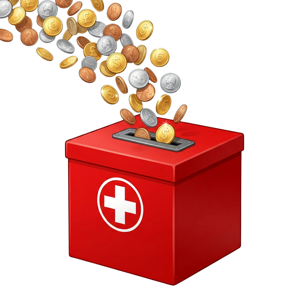Red medical cross donation box with coins pouring into it