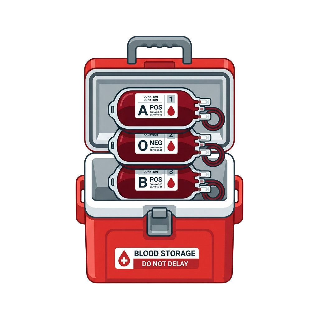 Illustration of a red blood storage case containing three blood bags labeled A positive, O negative, and B positive