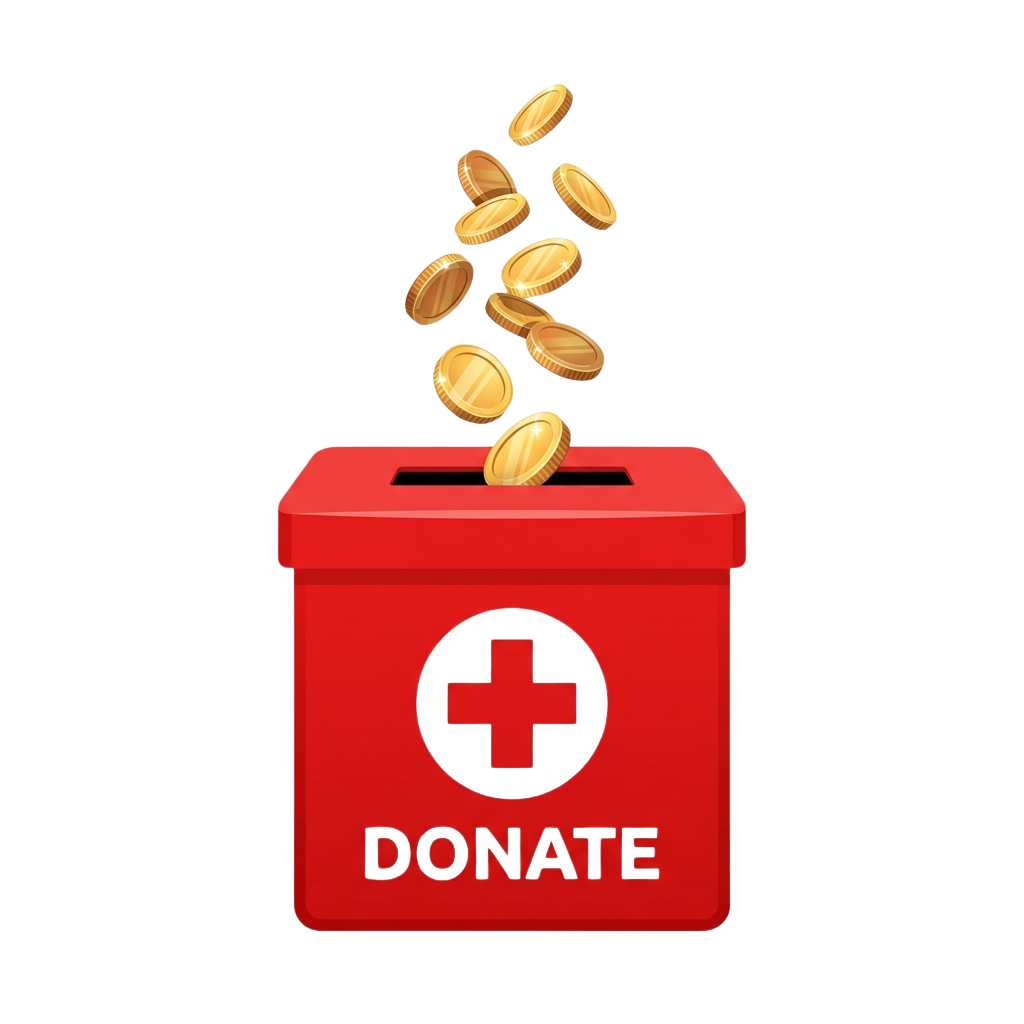 Red donation box with a medical cross symbol and coins falling into it