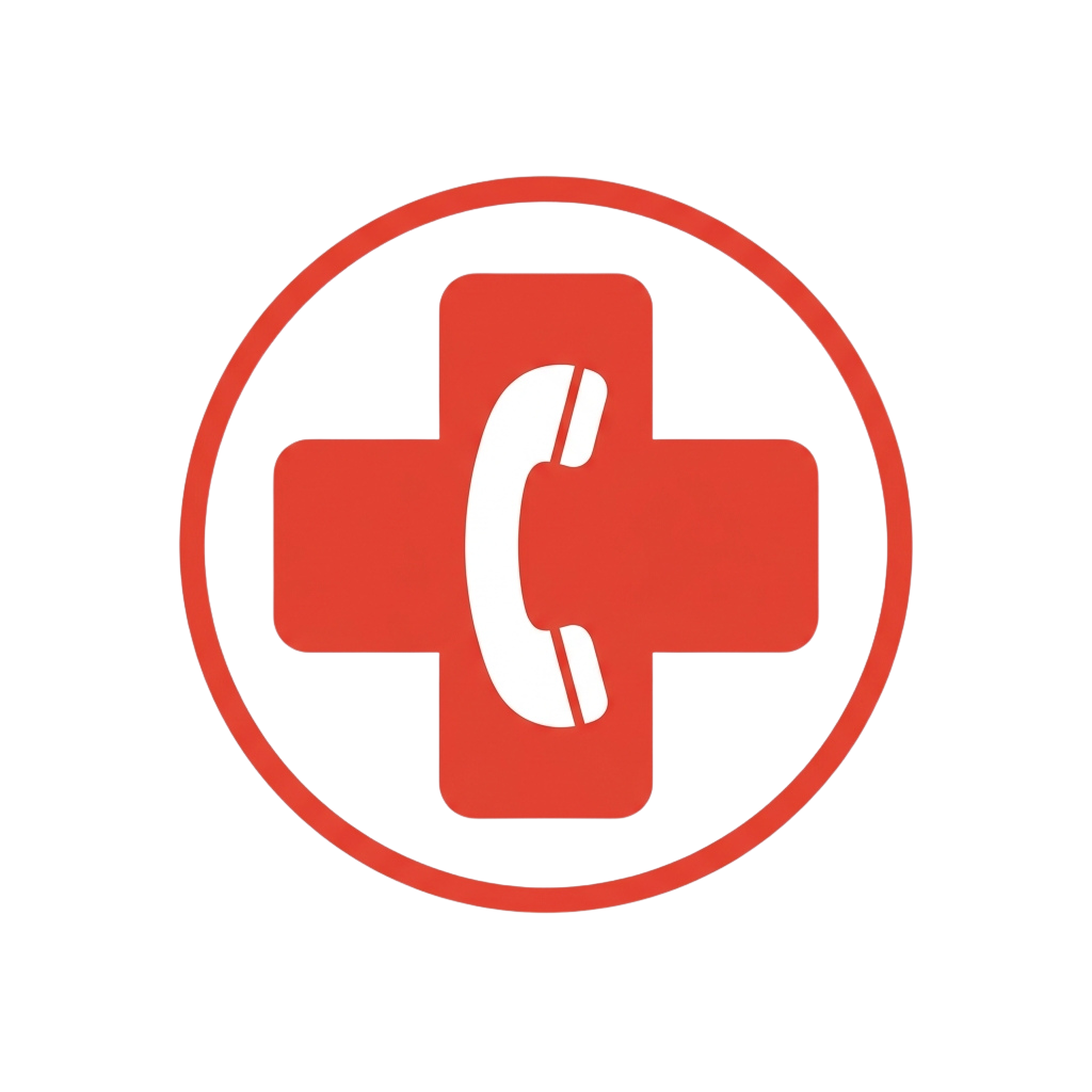 Red circle icon with a white telephone symbol inside a cross shape