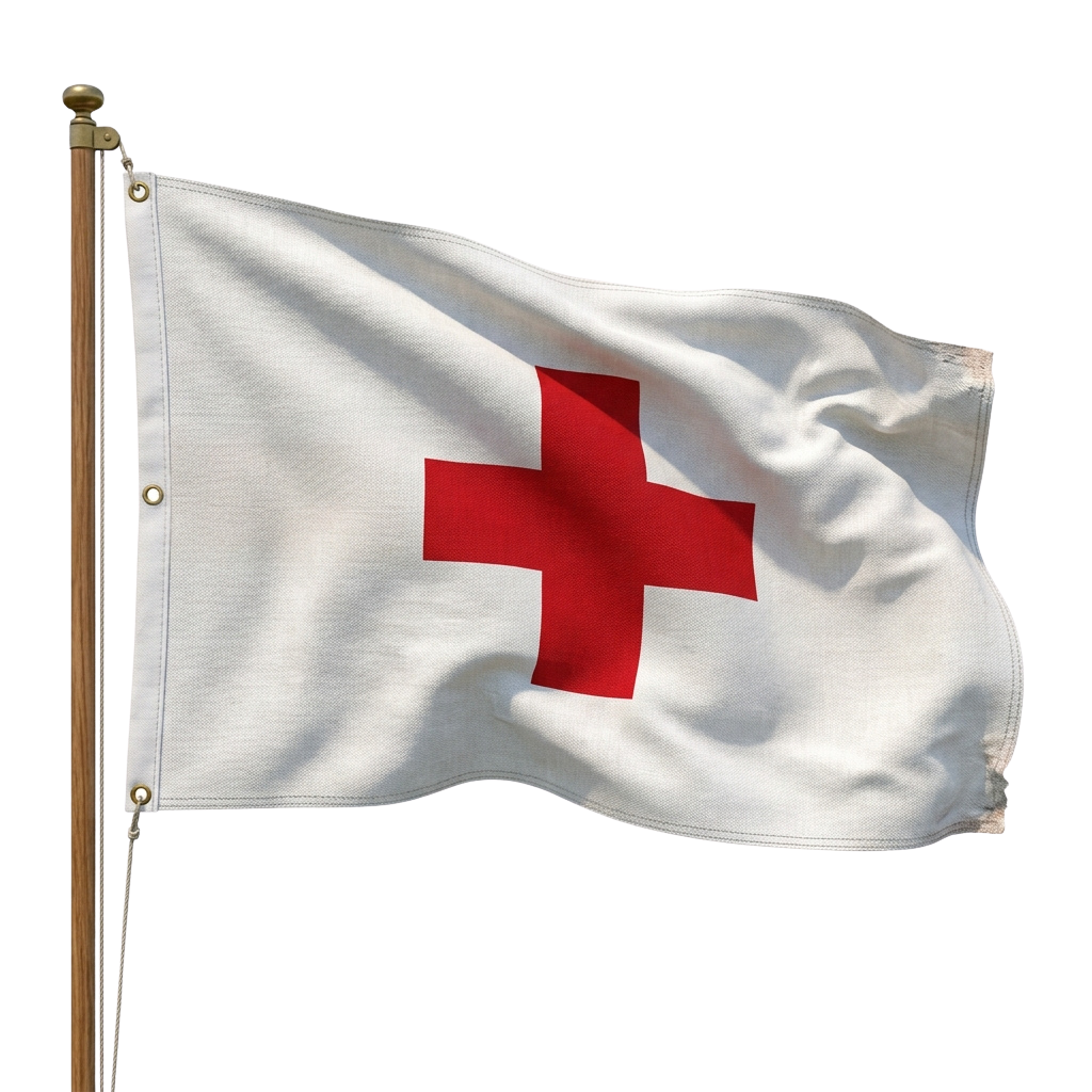 White flag with a red cross emblem waving against a dark background