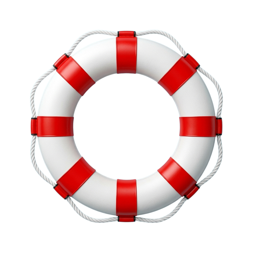 A red and white circular life preserver with attached rope handles against a black background