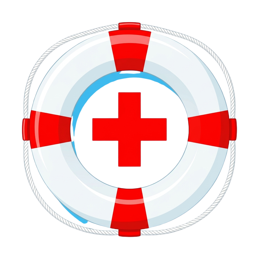 Life preserver with a red cross symbol in the center, indicating medical aid or first aid at sea