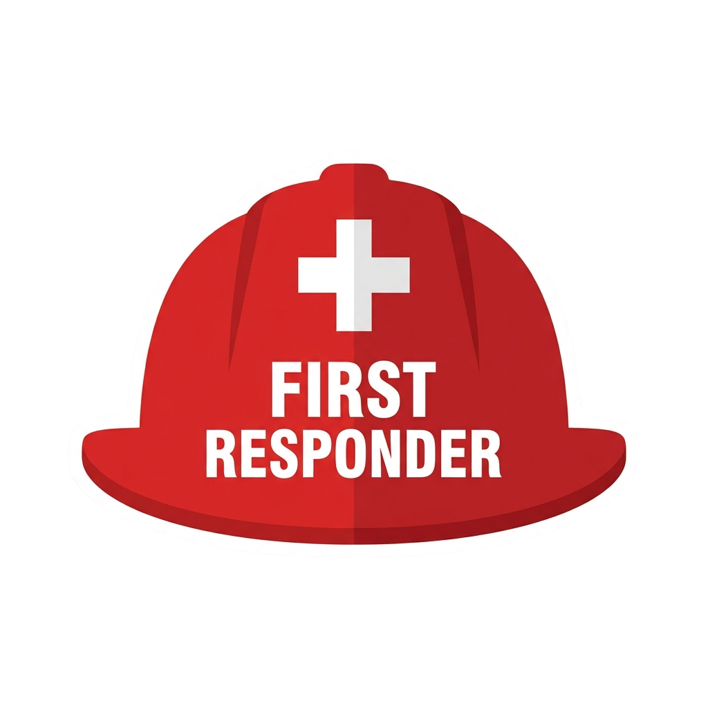 Red helmet with white medical cross and text reading First Responder
