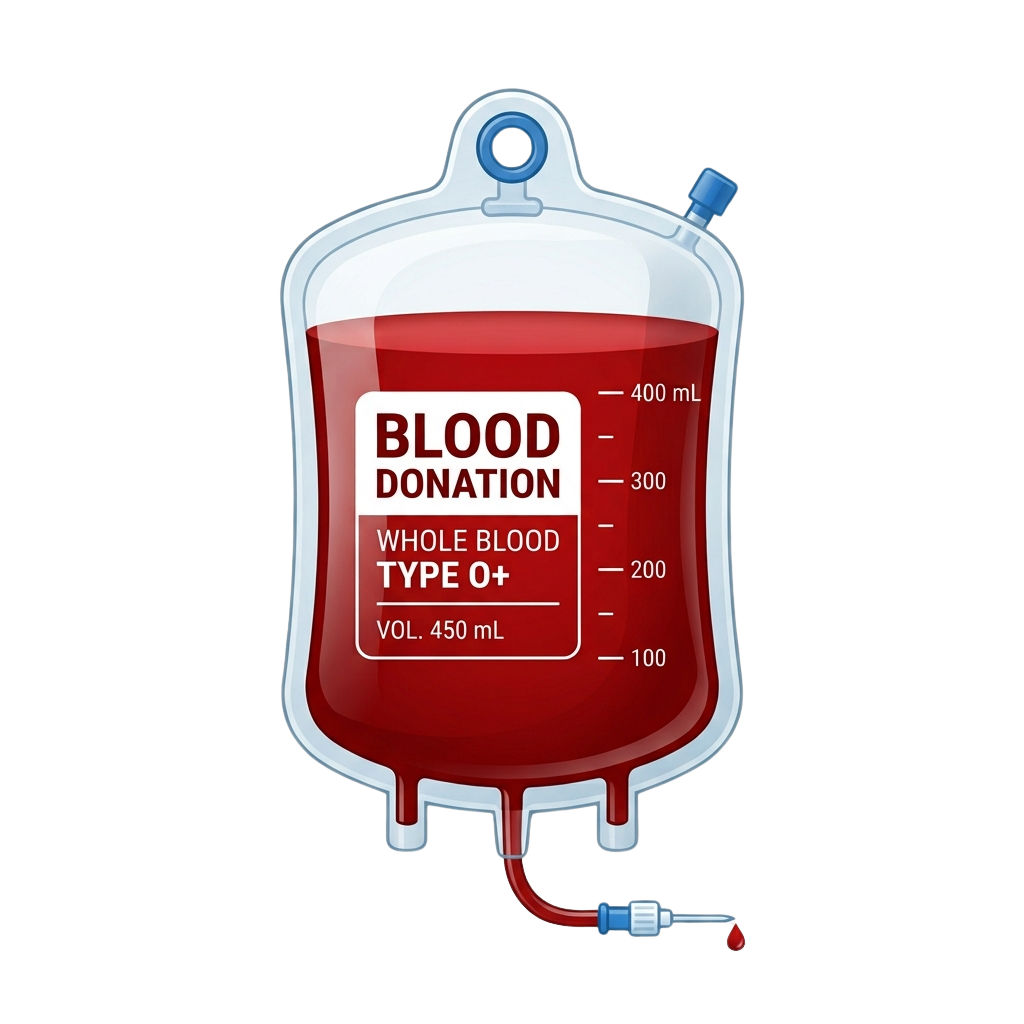 Illustration of a blood donation bag labeled whole blood type O positive with 450 mL volume measurement markings