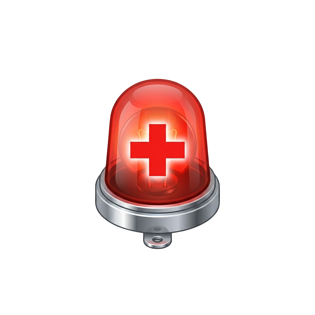 A red illuminated beacon with a cross symbol indicating a medical emergency signal