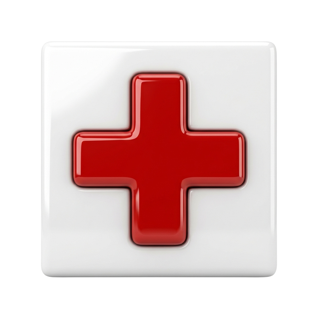 A glossy red cross symbol on a square white background