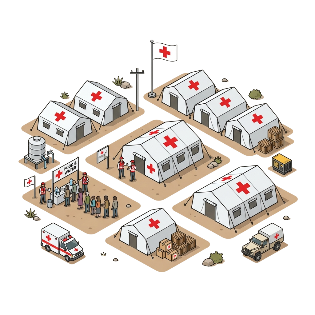 Illustration of a medical aid camp featuring tents, people receiving aid, and emergency vehicles