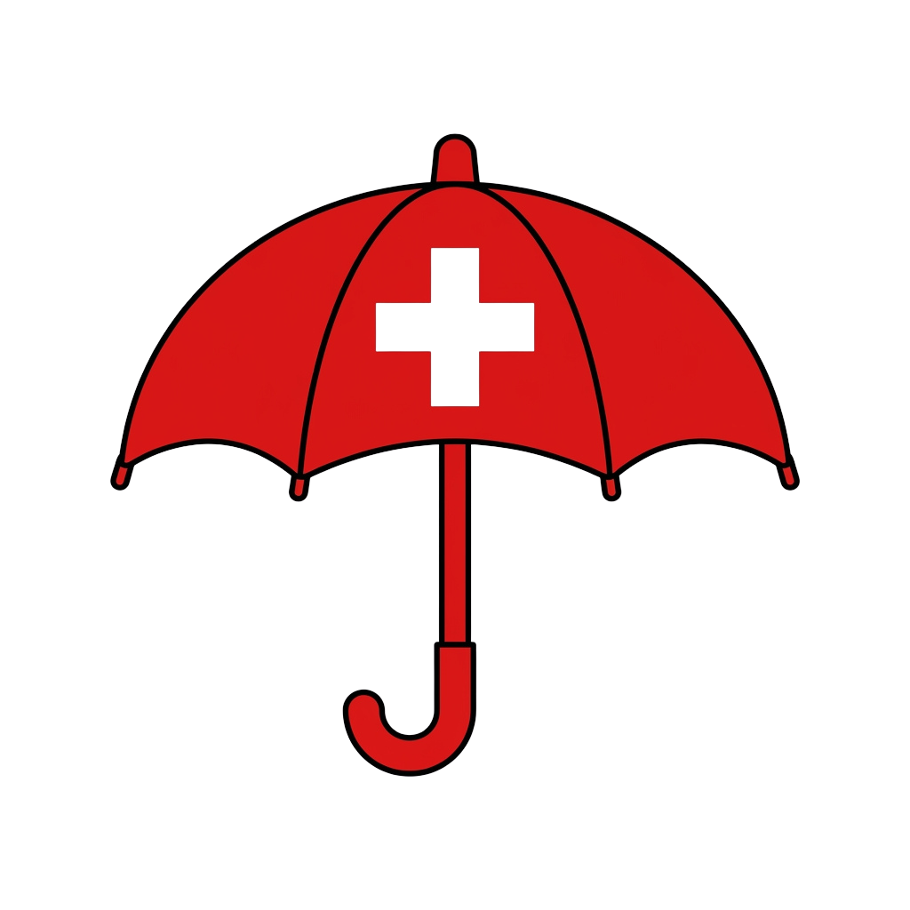 Red umbrella with a black cross symbol on the canopy