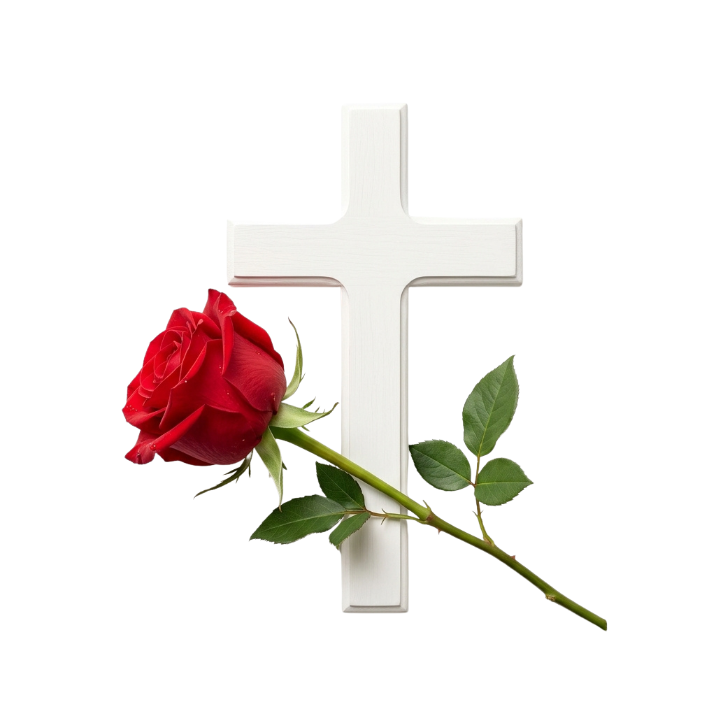 A white cross with a red rose and green leaves placed beside it against a black background