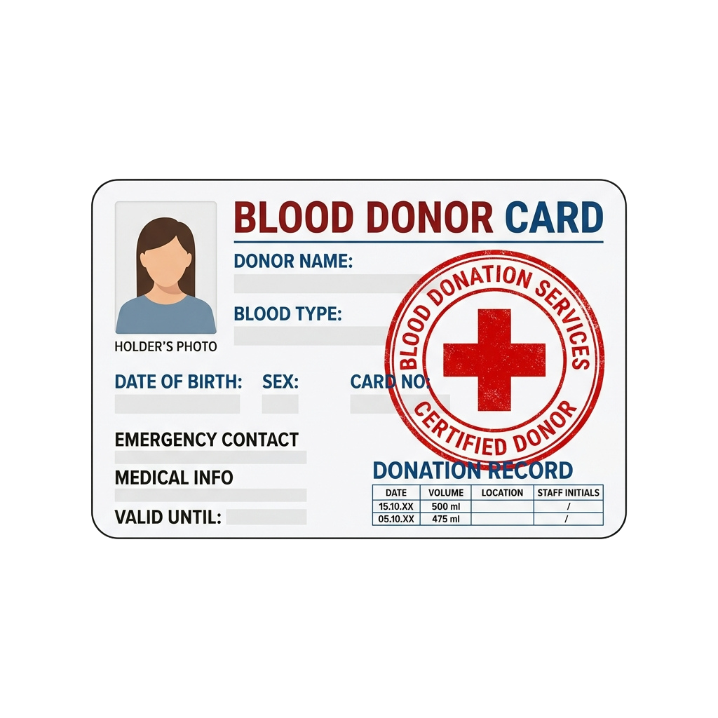 Blood donor card showing donor details, blood type, donation history, and certified donor stamp
