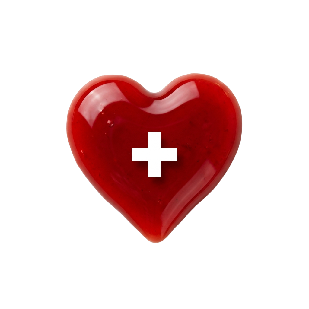 A glossy red heart-shaped button featuring a white cross symbol in the center