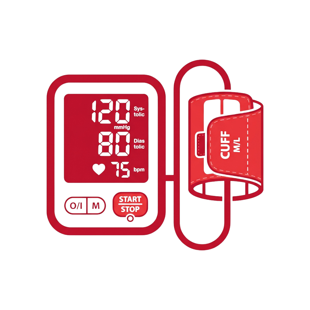 Red digital blood pressure monitor showing readings of 120 systolic and 80 diastolic with attached cuff