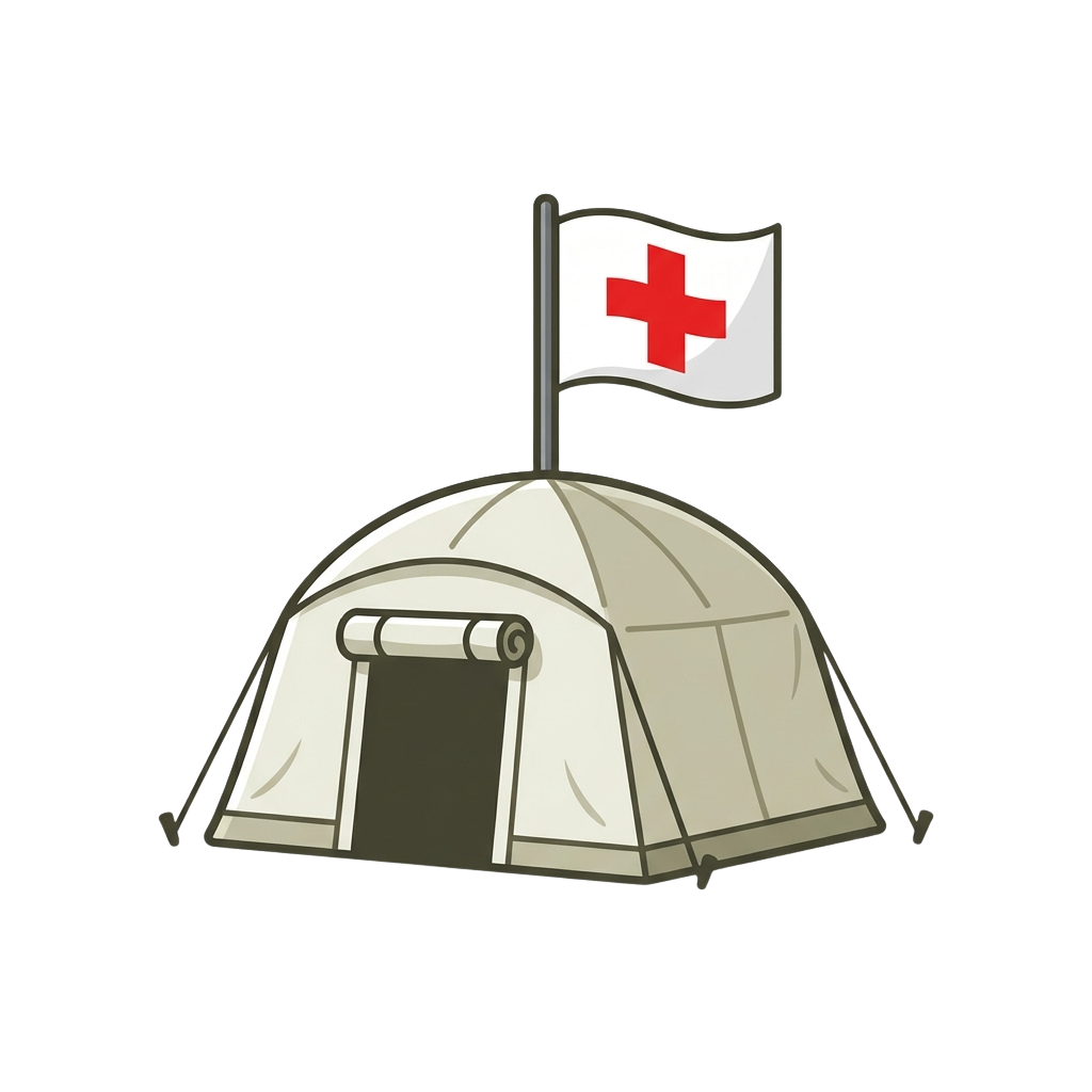 A beige medical tent with a white flag featuring a red cross on top